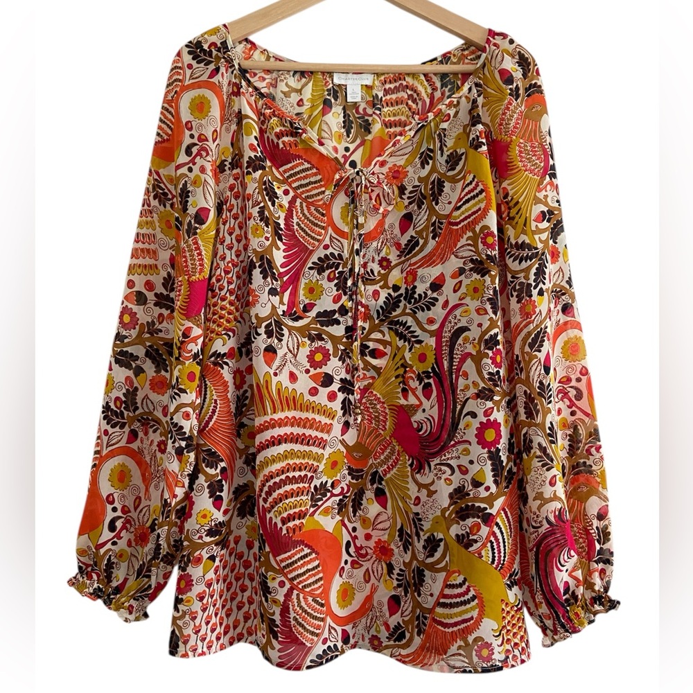 Charter Club Floral Blouse Orange Gold Bird Print Tie Neck Boho Artsy Colorful L